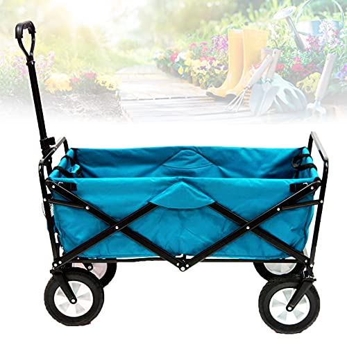 Carrito plegable Beach Wagon Heavy Duty, carrito portátil de jardín con 4 ruedas, bolsa lateral y portavasos, para camping, compras y equipo deportivo, color azul