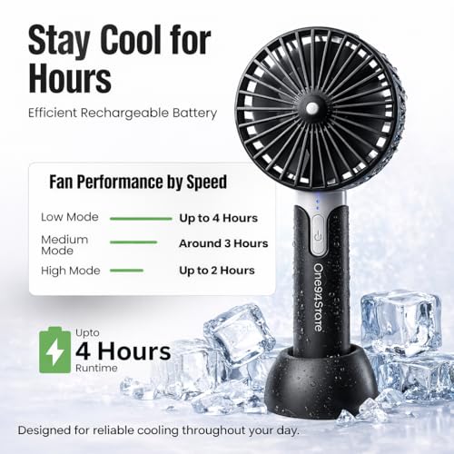 Image of One94Store High Speed Portable Hand Fan, 4800 RPM, 1200mAh USB Rechargeable Battery, Up to 6H Runtime, 3 Speed Modes for Travel, Office & Outdoor, Black - Mini Fan, Hand Fan, Small Fan, USB Fan