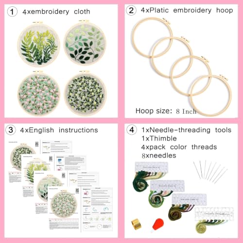 Image of Vintage Plant Embroidery Kits for Beginners Adults, Flowers Hand Embroidery Sets Needlepoint Kits, Stamped Cross Stitch Kits for Beginners Adults, 4 Embroidery Hoops, Fabric (Attached Video Tutorial)