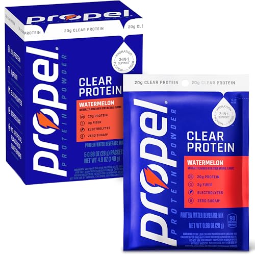 Propel Clear Protein Powder Watermelon 5 Servings 3-in-1 GLP-1 Support: Hydration 20g Protein 3g Fiber Zero Sugar 90 Calories No Added Colors No Artificial Sweeteners or Flavors Electrolytes