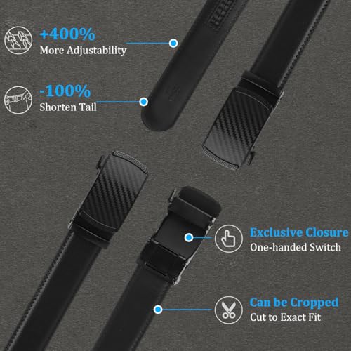 Image of GUSTAVE Leather Belt for Men Formal Belts for Man, Mens Fashion Casual Business Black Belt for Men Jeans, Auto-Lock Gold Metal Buckle, 130cm /51'' Length, No Punch Hole