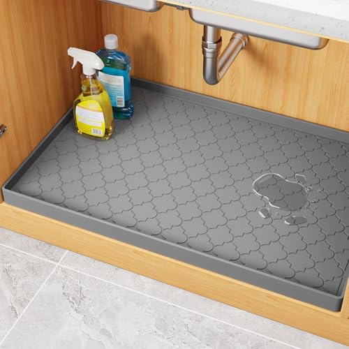 Kitsure Under Sink Mat for Kitchen - Waterproof Silicone Sink Protector with Raised Edge, Multipurpose Cabinet Liner for Kitchen Organization and Storage, Boot Tray, Pet Food Mat, 34' x 22', Gray