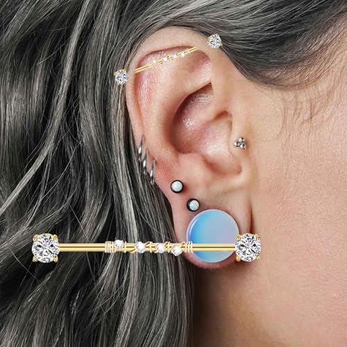 TIANCI FBYJS 14g Industrial Barbell Surgical Steel Cartilage Earrings CZ Industrial Earring Crystal Ferido Industrail Piercing 1 1/2"(38mm) Bar Length3