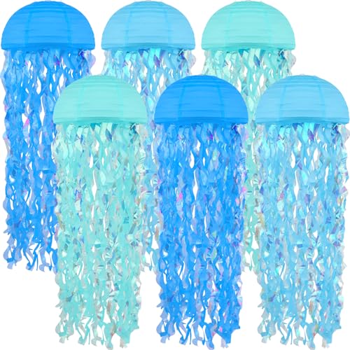 Jellyfish Paper Lanterns 6 Pacs 10 Inch Under The Sea Party Decorations Mermaid Party Baby Shower Blue Hanging Jelly Fish for Ocean Spongebob Birthday Decorations (Multicolor Blue)