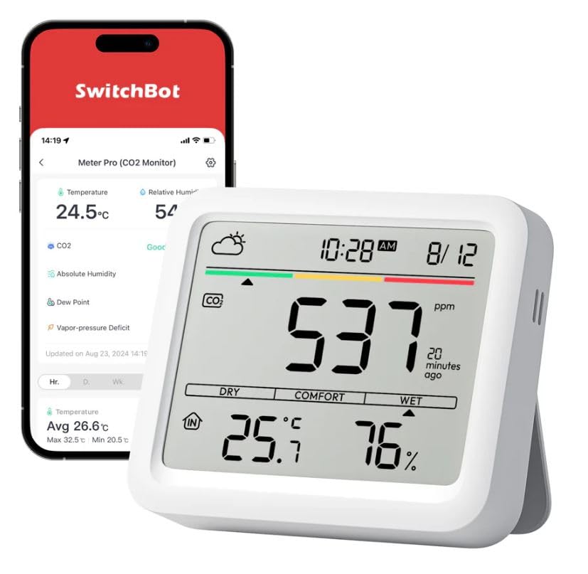 SwitchBot Meter Pro on a desk showing temperature and humidity