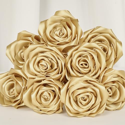 Image of Mauproy 1-1 /2 Inch Wide Champaign Gold Satin Ribbon, 50 Yards Solid Polyester Fabric Ribbon for Roses Making, Gift Wrapping, Flower Bouquets, Wedding Decorations, Handmade Crafts