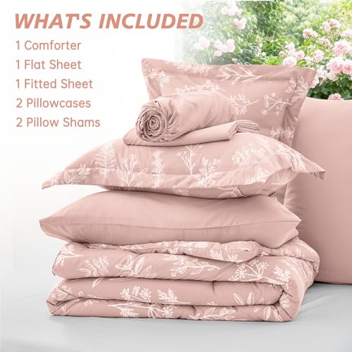 Image of MUXHOMO Oversized King Comforter Set, Cameo Pink Elegant Floral Print Bed in a Bag 7 Pieces, Soft & Breathable Reversible Botanical Pattern Bedding Set with Comforter, Sheets, Pillowcases & Shams
