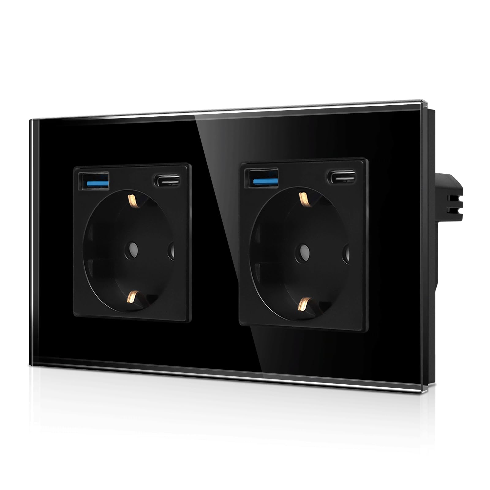 CNBINGO Double Socket with 4 x USB Ports Quick Charging - 2 x (Type C and USB-A Total Max. 3.1 Amp) - Double Glass Schuko Socket Flush-Mounted - Black Wall Socket with Child Lock โ image 1