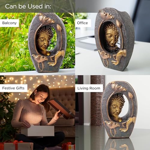 Image of Polyresin Buddha Fountain for Home Decor with LED Lights | 33x17x49.5 cm | Fountain for Living Room /Hall /Office /Garden D?cor Gifting | Bronze Color