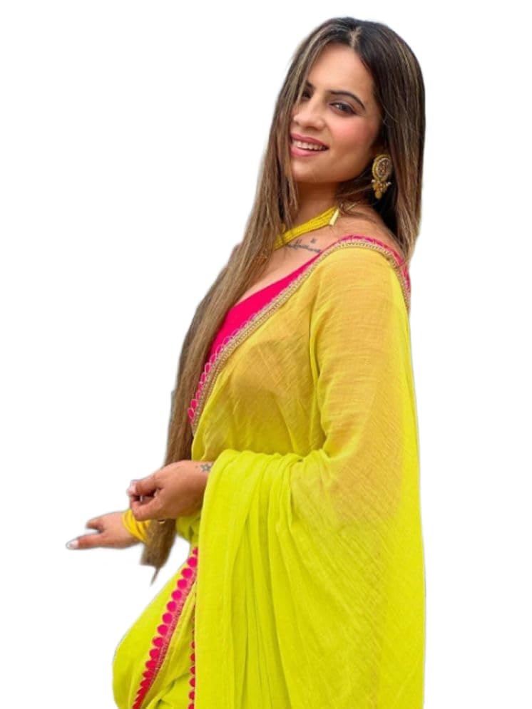 Women georgette saree With small lace and seprate blouse piece color Green and pink-picture-48