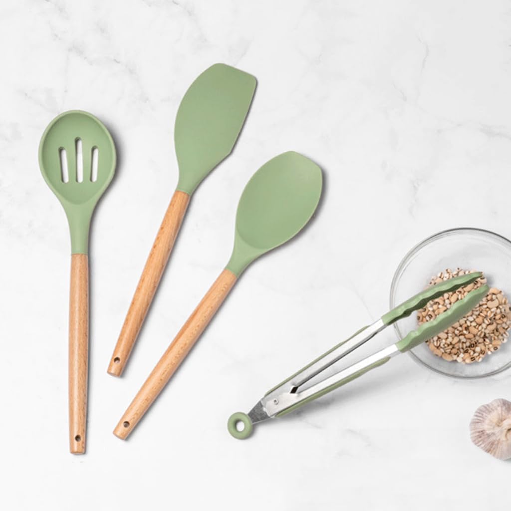 Ustensiles de Cuisine en Silicone Fruits Verts, Gadgets, Ensemble d'outils, Manche en Bois de Haute Valeur, spatule cuillère Pinces, Accessoires de Cuisine
