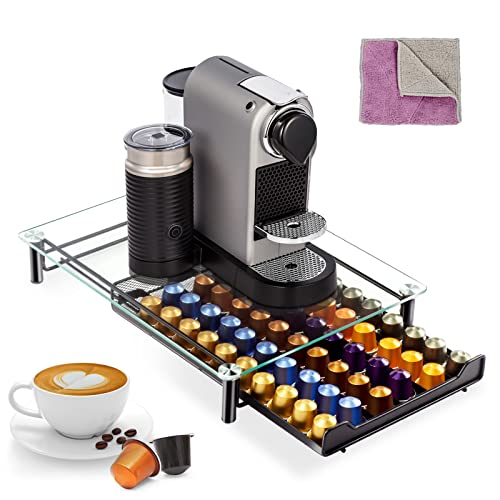 Masthome Cassetto Porta Capsule Nespresso 60 Pz,Porta Cialde Caffe Nespresso con Piano In Vetro Temperato e 1 Cassetti Scorrevoli, Porta Capsule per Cucina,con 1 Panno per la Pulizia