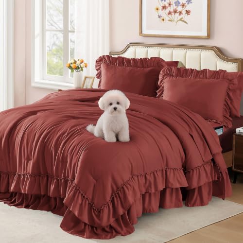 Image of King Size Comforter Set Syrah Red Ruffle 7 Pieces Farmhouse Bed in a Bag