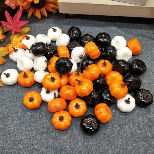 SMZhomeone Juego de 48 mini calabazas artificiales para decoraciones de otoño y Halloween, calabazas pequeñas de espuma realista en blanco, negro y naranja para centros de mesa de otoño