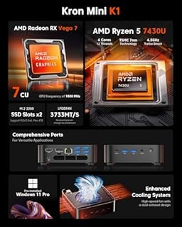 ACEMAGIC Kron Mini K1 Mini PC, AMD Ryzen 5 7430U (6C/12T, Fino a 4.3 GHz), Mini Computer 16GB LPDDR4 RAM 512GB M.2 2280 SSD,AMD Radeon Graphics 1800MHz, BT 5.2/WIFI 6/per Ufficio, Studio,Business