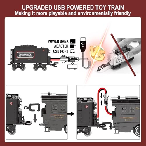Image of Electric Train Sets for Kids Metal Alloy Christmas Train Toys Steam Locomotive, Glowing Passenger Carriages, Luxury Tracks, Light & Sounds Rechargeable Birthday Gifts for Boys Girls Red 
