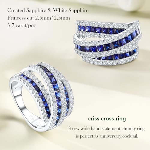 Randes Sapphire Rings For Women 925 Sterling Silver Crossover Statement Ring 3 Row Princess Cut Blue Stone Wide Band Cocktail Rings Size 8 thumb #4