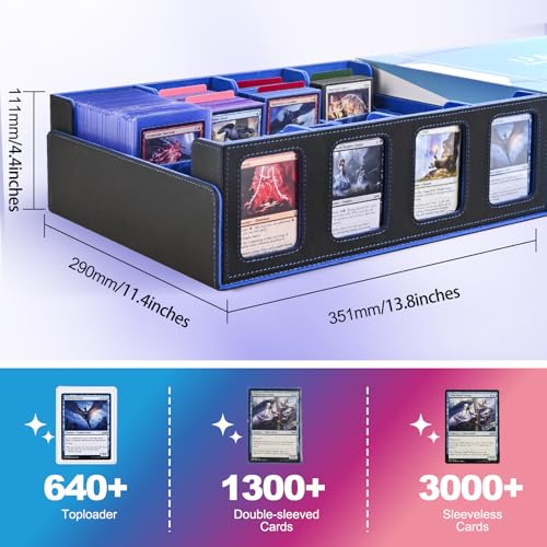 Image of UAONO Trading Card Storage Box with Commander Display; 2400+ Deck Box for MTG with Removable Cover; Top Loaders Card Case fits Magic TCG PTCG Sports Cards; 24 Dividers, 4 Stoppers (Black, Blue)