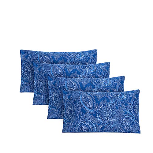 Bedlifes KING Navy Pillow Cases -Pillowcase Set Of 4 Cooling Breathable Ultra Soft 100% Microfiber -4 Pack Navy Blue Paisley-King Size cover