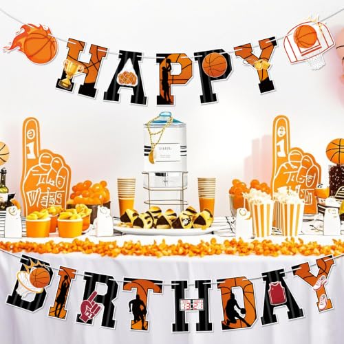 Image of Basketball Happy Birthday Banner Basketball Party Decorations with Slam Dunk Banner Garland Birthday Sign for Kids Boys Teenagers Men Photo Prop Pennant