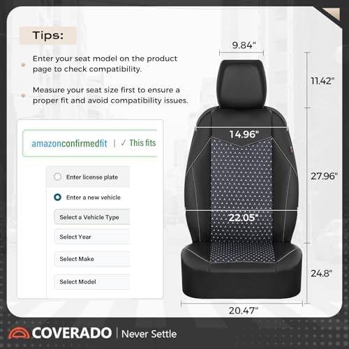 Image of Coverado Front Seat Covers, Breathable Mesh & Leather Car Seat Protectors, Black Driver Seat Cover, Car Seat Cushions, Universal Automotive Seat Covers Fit for Most Sedans SUV Truck, Black