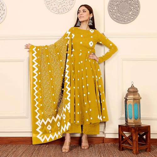 Image of ANNI Designer | Rayon Anarkali Printed Kurta with Pant & Dupatta | Cotton Kurta Set for Women | Stylish Co-Ord Set with Dupatta Ethnic Dress for Women
