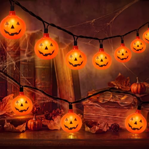 GOOTHY Halloween Pumpkin String Lights, 8.5Ft Outdoor Halloween Decorations Lights with 10 Jack-O-Lantern Lights, Hanging Pumpkin String Lights UL Listed for Party Patio Garden Window Decor
