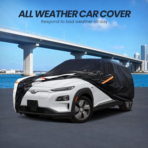 Image of Multi-Layer Car Cover Custom Fit for Hyundai Kona(EV)(2017-2026), 100% Waterproof All Weather for Automobiles, Gift with Towel, Heavy Duty Car Covers for Rain Sun UV Protection with Door Zipper.