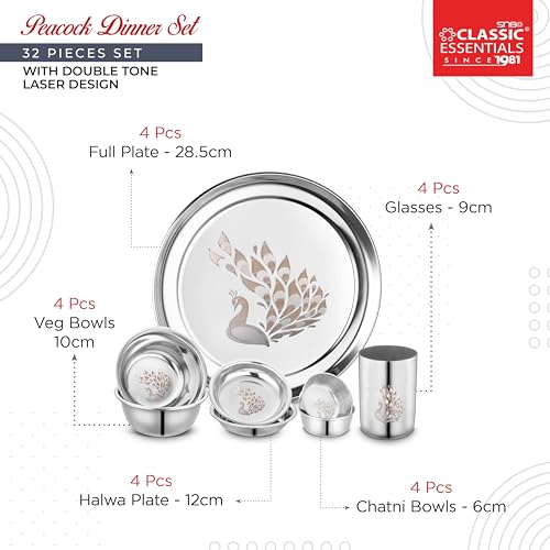 Image of Classic Essentials Stainless Steel Dinner Set|Serves 4 People|Heavy Gauge|Kitchen Set|Permanent Laser-Peacock, (Set of 32)