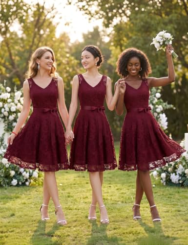 Image of Dressystar Women's Floral Lace V Neck Short Bridesmaid Cocktail Party Dress