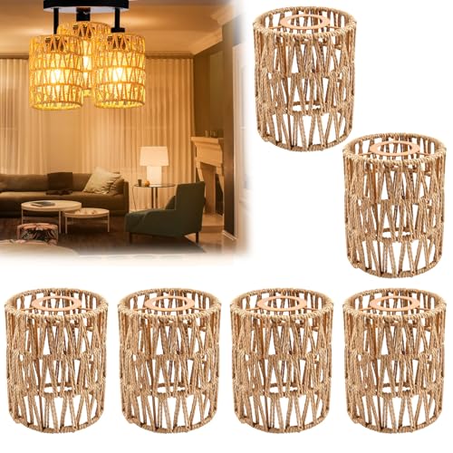 Supkiir 6 Pack Rattan Lamp Shade, Retro Small Pendant Light Shade Replacement, Boho Cylinder Wicker Woven Lampshade for Chandelier, Floor Lamps, Pendant Light, Wall Sconces Light Fixture