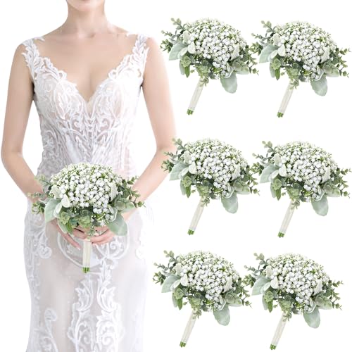Wedding Artificial Bridesmaids Bouquets Set of 6- Faux Babys Breath White Fake Gypsophila Bouquet for Bridesmaid, Real Touch Small Bouquet for Bridesmaids Wedding Bridal Shower Centerpieces - 7 Inch