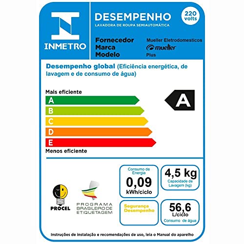 Tanquinho/Máquina de Lavar Semiautomática Mueller Plus 4.5kg 127V Branco