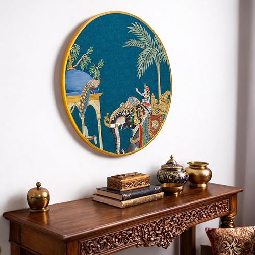 Image of Royal Elephant Mughal Garden Round Framed Wall Art Painting For Living Room | Traditional Indian Rajasthani Arched Jharokha Wall Art Painting With Frame for Home, Bedroom & Office, 16 Inch