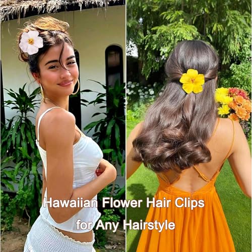 3 Piezas Pinzas para el Cabello con Flores Hawaianas para Mujer, Clips Boho de Flor Plumeria Hibiscus para Vacaciones y Fiestas en la Playa (blanco, amarillo, rojo) miniatura 5