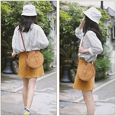 icyant Circle Rattan Bag, Bohemian Rattan Bag Handmade Round Woven Bag for Woman Fashionable Woven Bag Summer Beach Bag Classical Rattan Shoulder Bag Chic Straw Crossbody Bag
