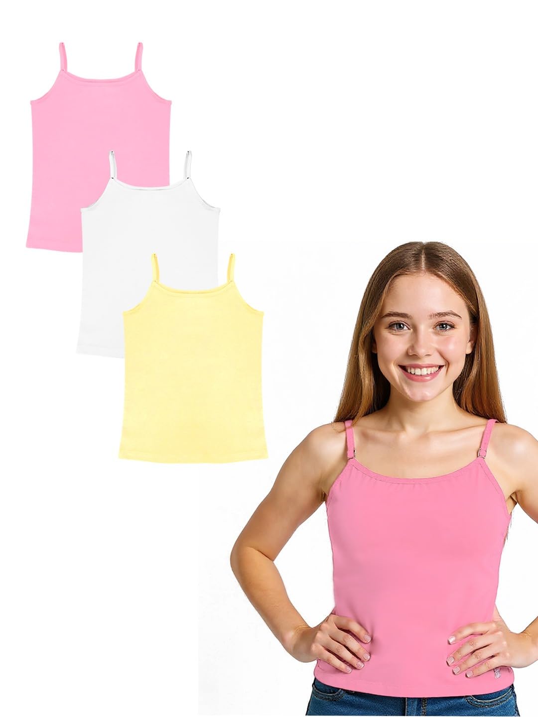 A.T.U.N. (ALL THINGS UBER NICE) Girls Premium Padded Cotton Camisole (Pack of 3) | Soft & Breathable Innerwear Slip for Preteen and Teen Girls | Stretchable Everyday Essential | Ages: 8-18Y