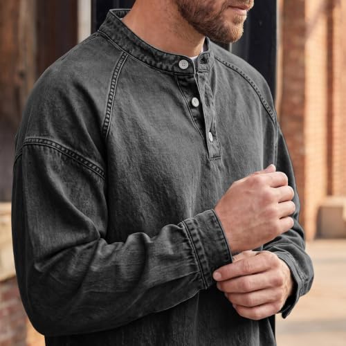 Denim Shirt Men Washed Button Down Henley Polo Jean Shirt Denim Top - image 4