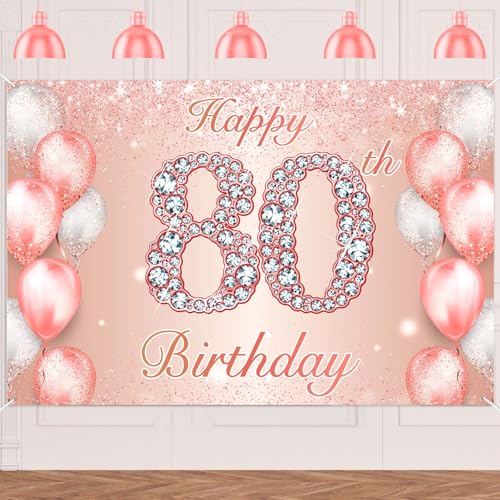 Image of Happy 80th Birthday Rose Gold Banner Cheers to 80 Years Old Backdrop Confetti Balloons Theme Decor for Women 80 Years Old Pink Birthday Party Decorations Bday Supplies Background Favors Gift Glitter