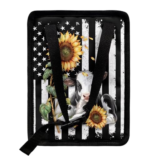 Image of Talayituse American Flag Sunflower Cow Print Car Trash Can with Adjustable Straps, Foldable Car Trash Bag Bin Car Garbage Bag Multipurpose Storage Box for Vehicle Travel Camping Picnicing
