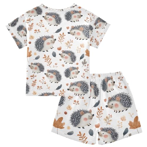 ALAZA Hedgehog Leaves Watercolor Pajamas Set Short Sleeve Cotton Sleepwear Summer Pjs 2 Piece 5-14Y2