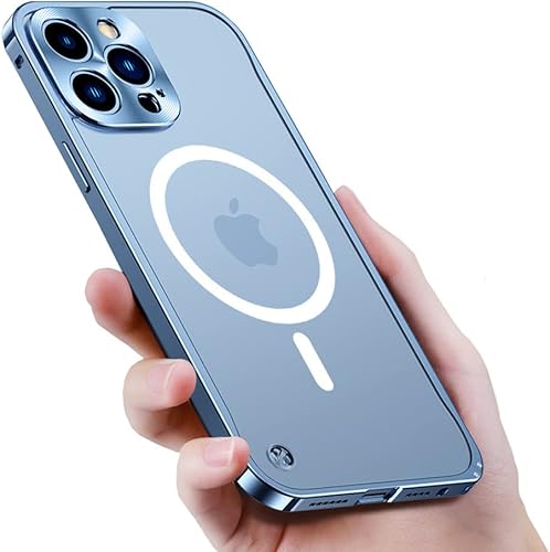 Miniatura 1 de Funda magnética para iPhone 14 Pro compatible con MagSafe de aleación de aluminio de metal parachoques mate translúcido con protector de lente de