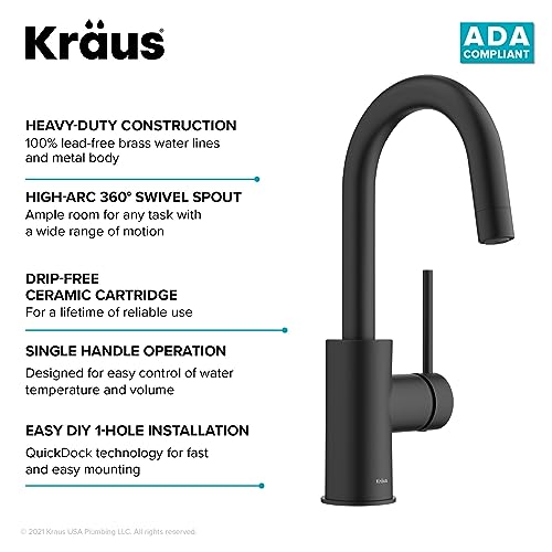 KRAUS Oletto Single Handle Kitchen Bar Faucet with QuickDock Top Mount Installation Assembly in Matte Black, KPF-2600MB - image 8