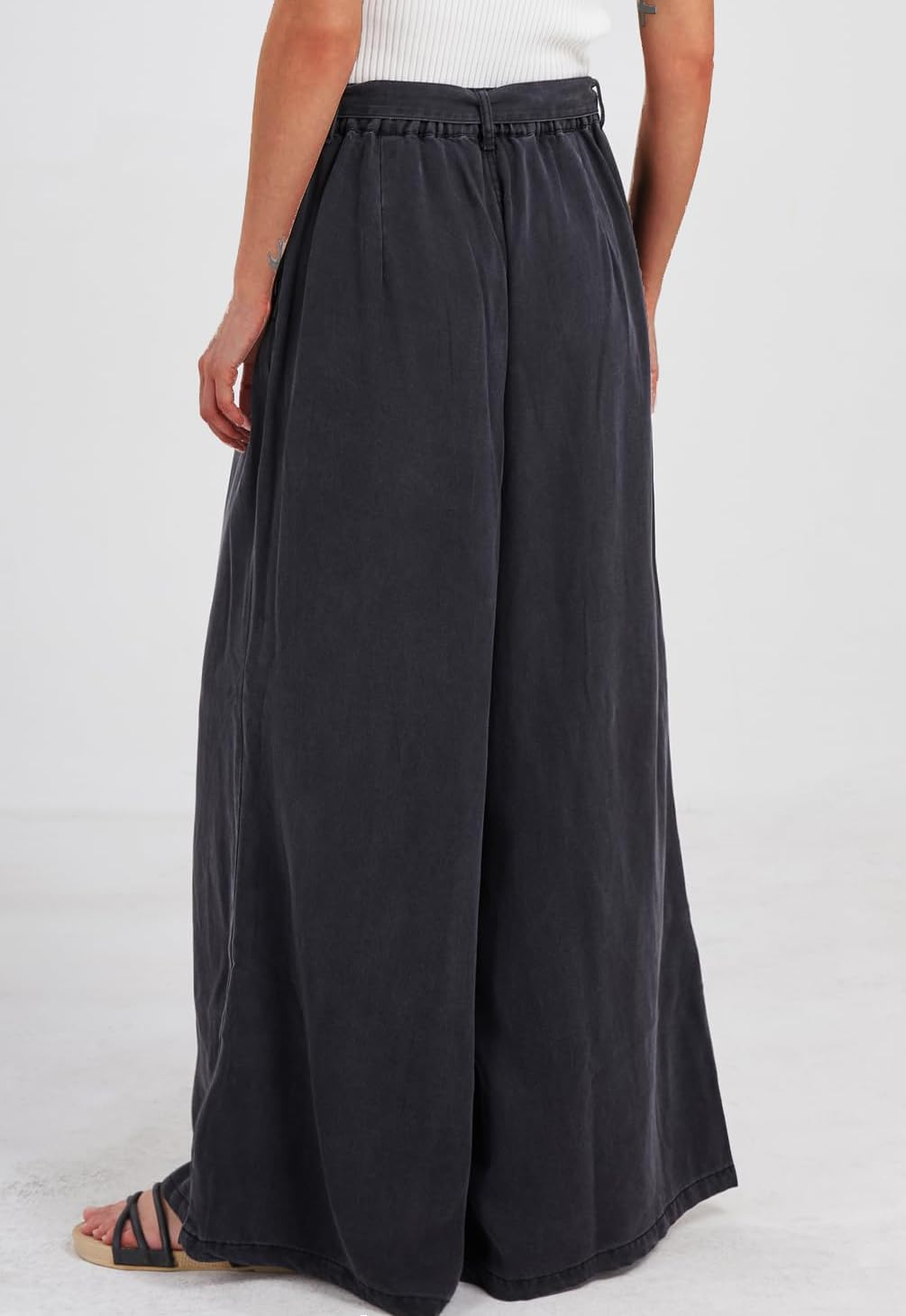 loveimgs Women's Tie Front High Waist Denim Pants Pleated Flowy Wide Leg Jean Pants Trousers with Pockets - Image 5