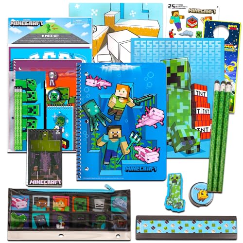 Minecraft Kids School Supplies Set with Pencil Case, Notebook, Pencils, Folders - 11 Pc. Set