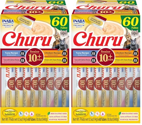 Image of INABA Churu for Senior 10+,Creamy Lickable Cat Treats with Taurine,Vitamin E & C,0.5 Ounces Each,Tubes,Tuna & Chicken Variety,(Pack of 120)