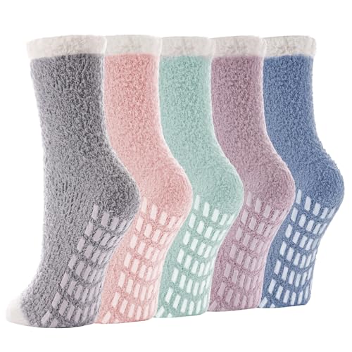 kepiibi 5 Pairs Fuzzy Socks with Grips for Women, Non Slip Cozy Fluffy Soft Socks, Winter Plush Warm...