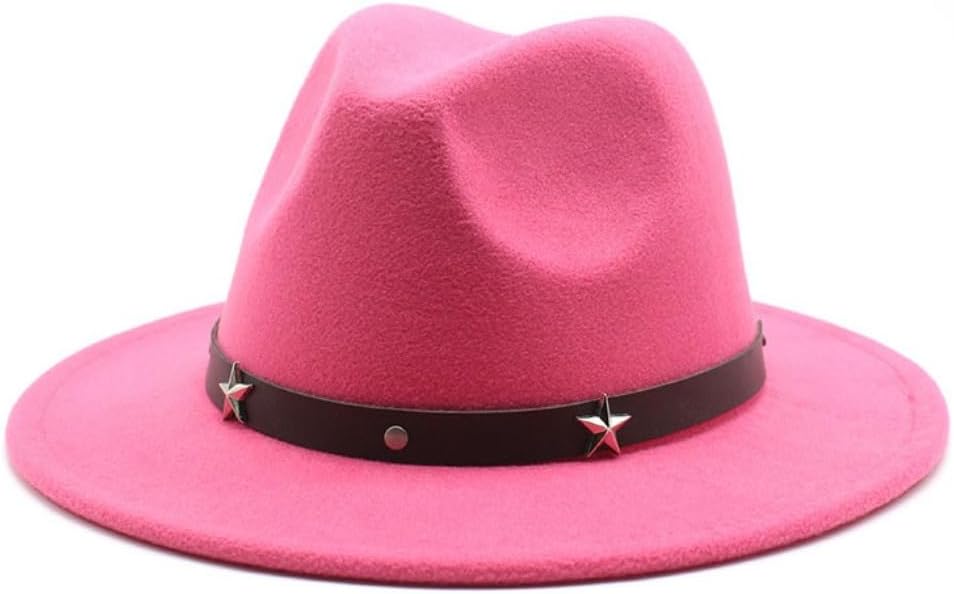 Classic Wool Felt Fedora Hat with Star Studded Band, Wide Brim, White