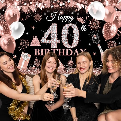 Image of Avezano Happy 40th Birthday Banner for Women Black and Rose Gold Glitter Balloon 40 Birthday Party Backdrop 40 Year Old Bday Photo Backdrop Party Supplies 70.8 x 43.3 Inch