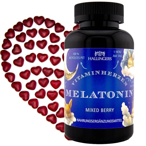 Hallingers Melatonina Niños Conejo XL – Corazones vitamínicos Mixed Berry 120 gomas veganas con melatonina alta dosificada, 0,5 mg por corazón (lata) – Ideas de regalo Navidad y regalos Calendario de